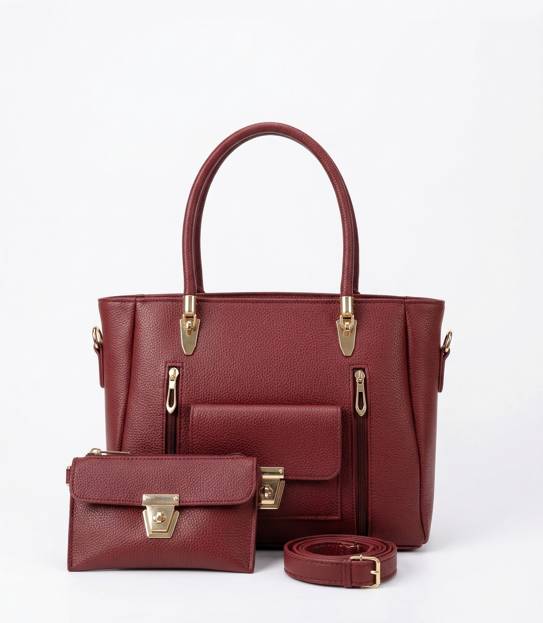 Noir Signature Double-Zip Tote Set in maroon two-piece handbag set