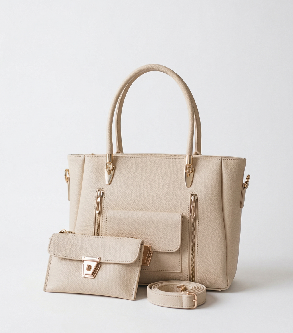 Noir Signature Double-Zip Tote Set in beige with gold hardware
