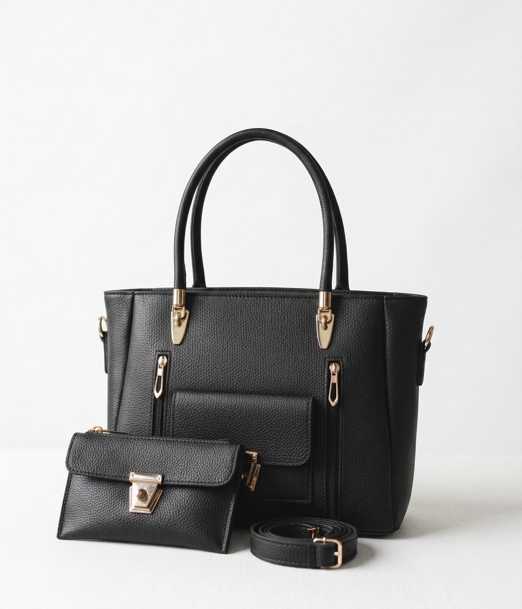 Noir Signature Double-Zip Tote Set in black with matching clutch
