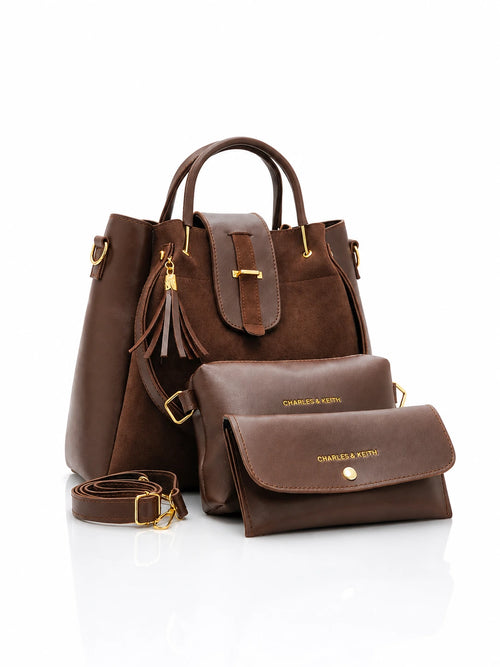 Elyra Luxe 3-Piece Tote Set in brown with pouch and wallet