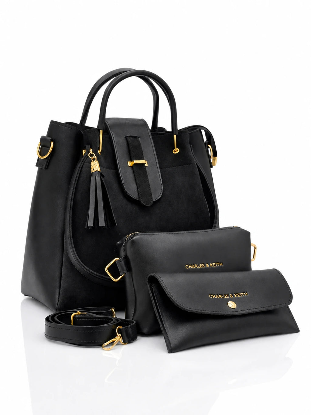 Elyra Luxe 3-Piece Tote Set in classic black with gold hardware