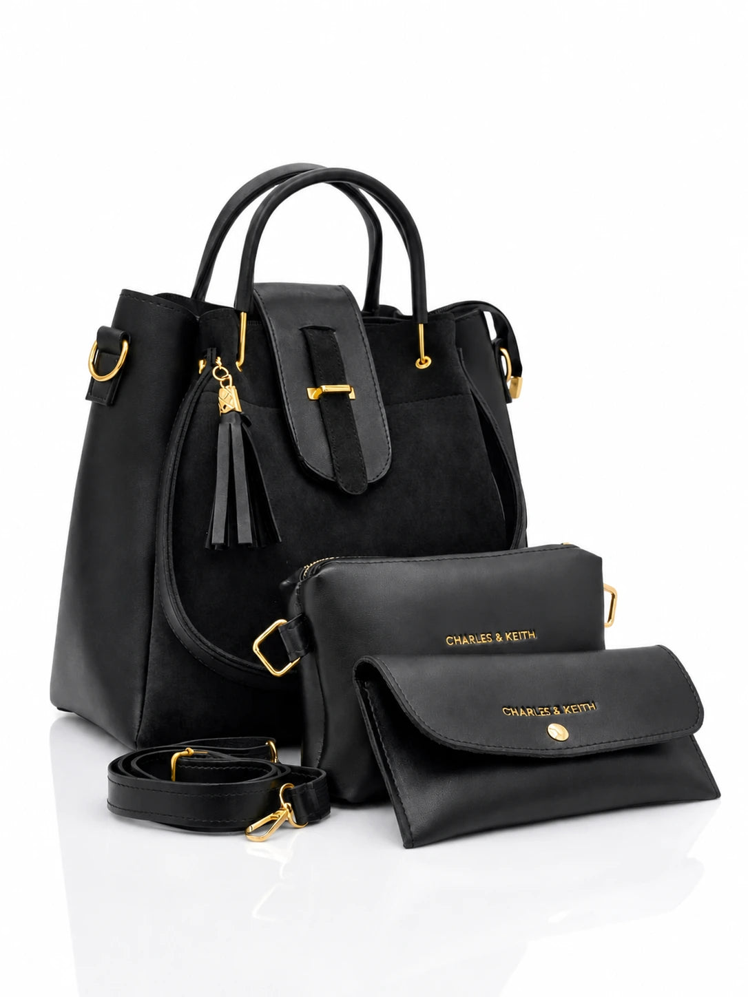Elyra Luxe 3-Piece Tote Set in classic black with gold hardware