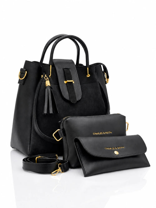 Elyra Luxe 3-Piece Tote Set in classic black with gold hardware
