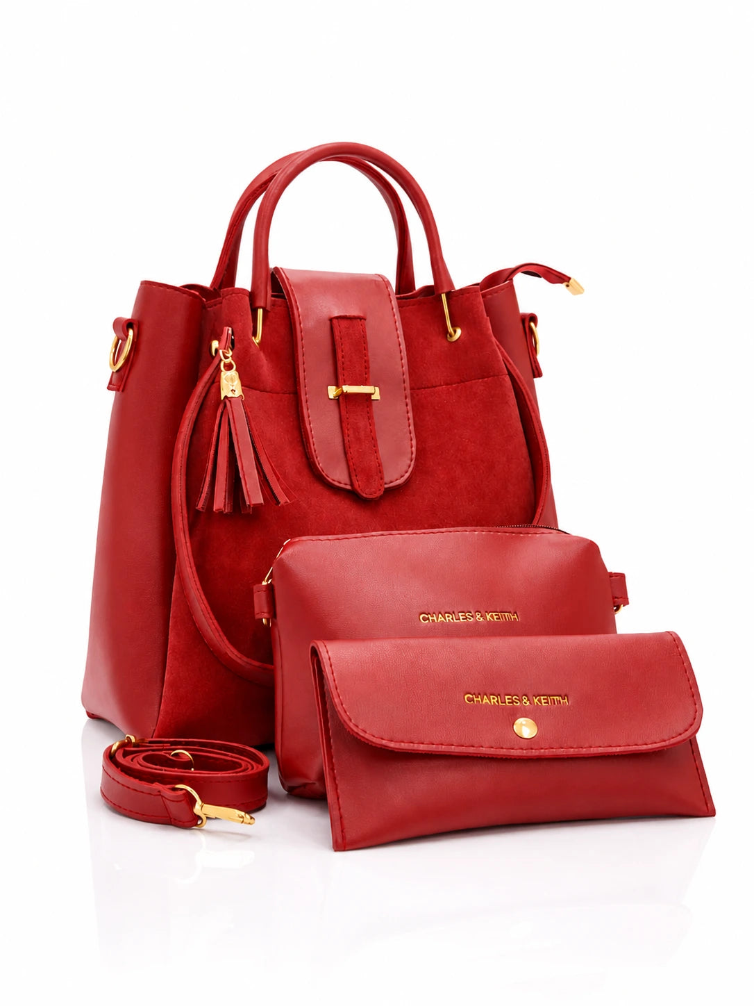 Elyra Luxe 3-Piece Tote Set in red structured handbag set