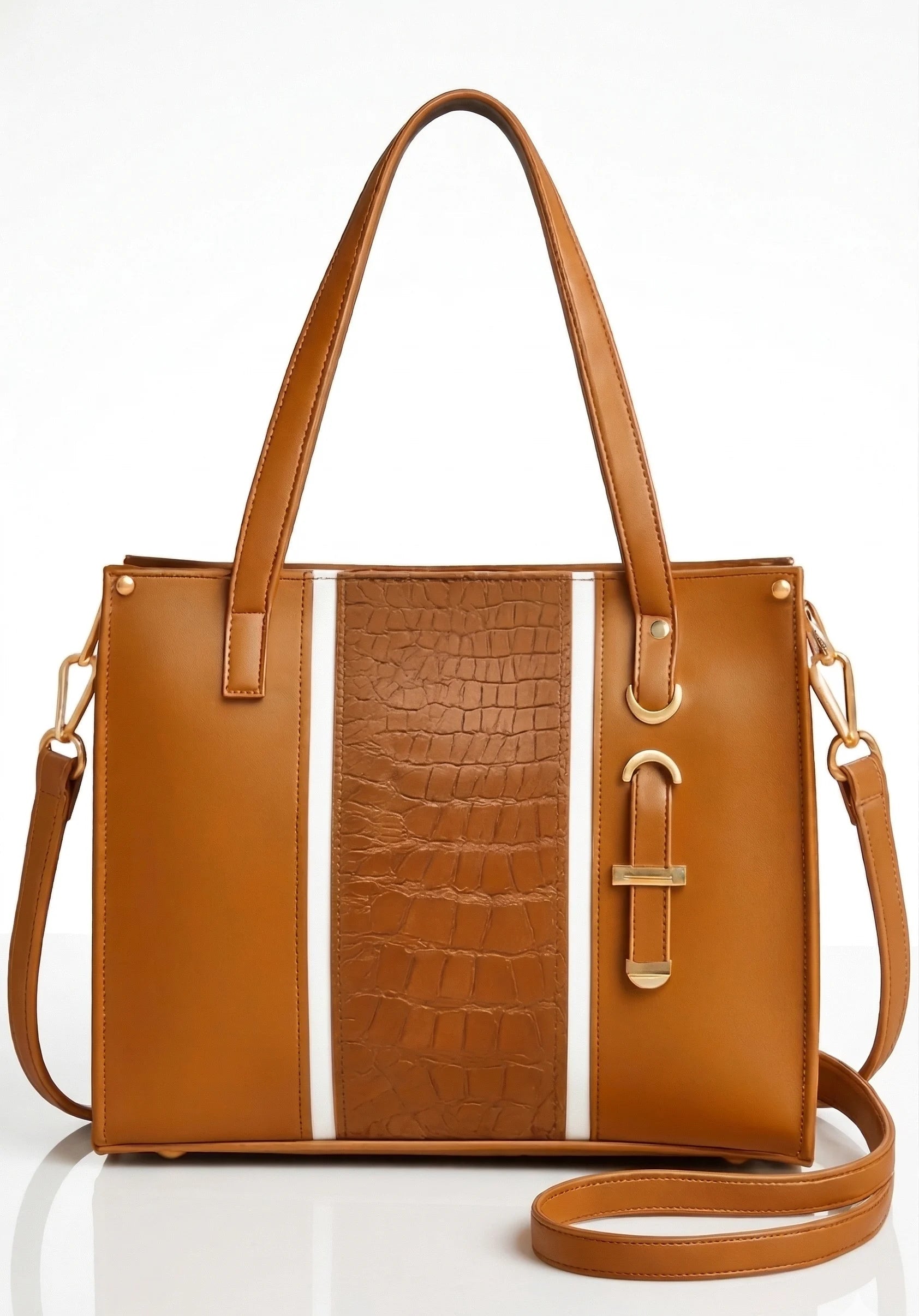 Brown leather handbag with gold accents on a white background