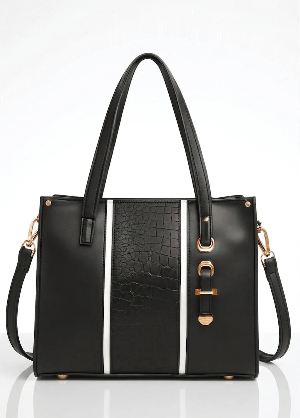 Black handbag with gold accents on a white background