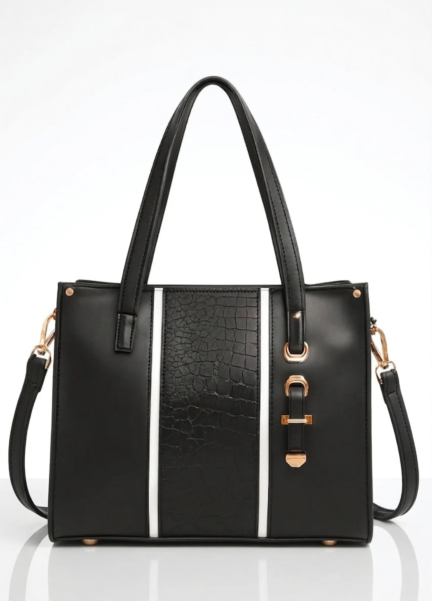 Black handbag with gold accents on a white background