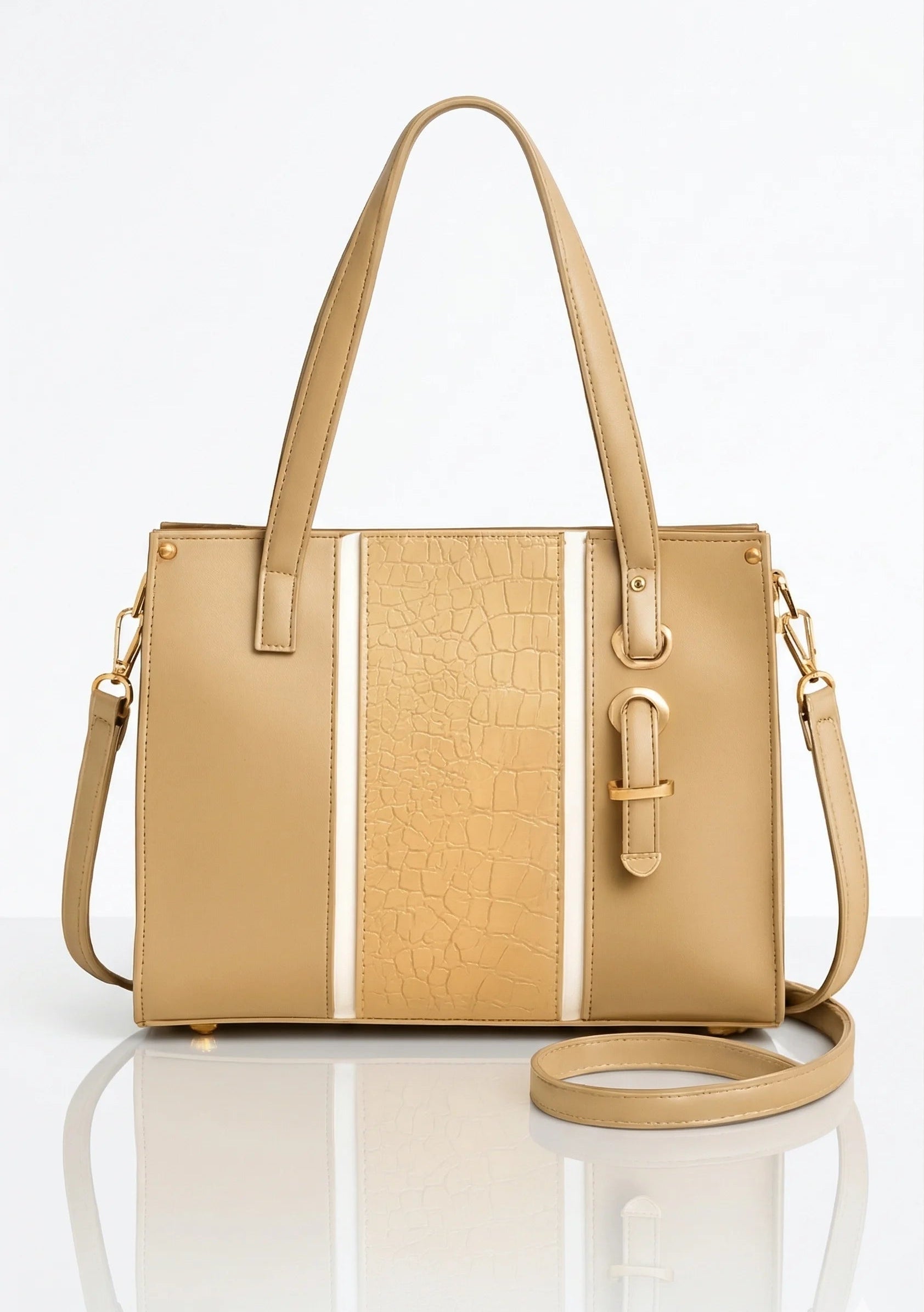 Beige handbag with a strap on a white background
