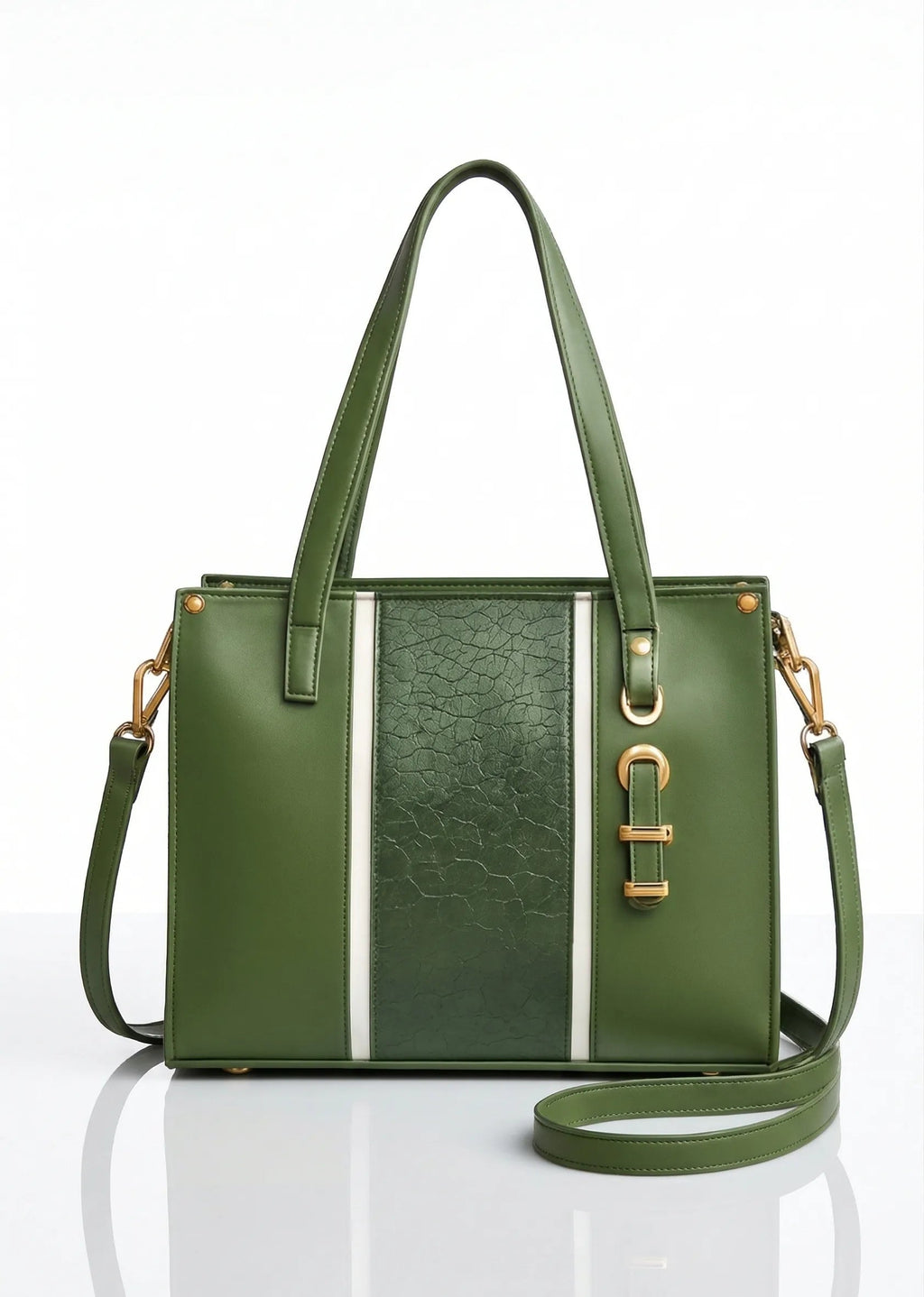 Green handbag with a strap on a white background