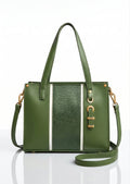 Green handbag with a strap on a white background