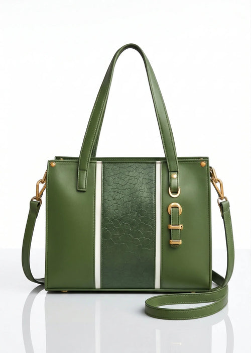 Green handbag with a strap on a white background