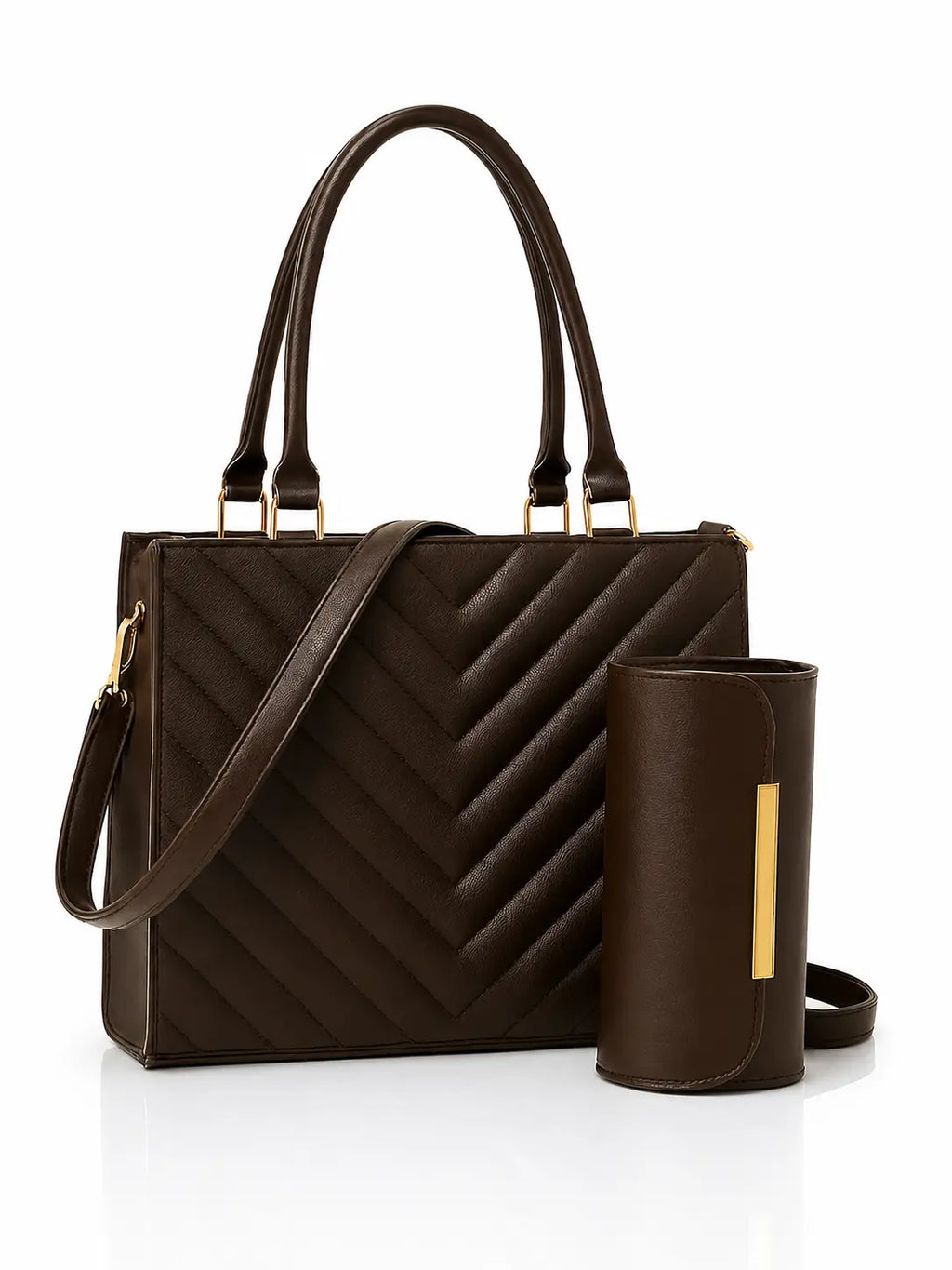 Brown handbag with matching pouch on a white background