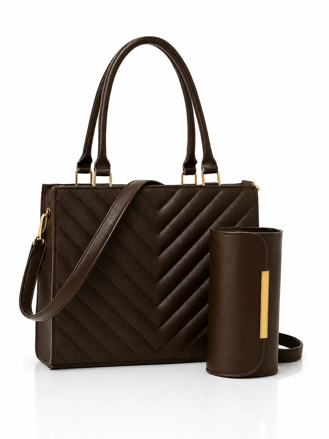 Brown handbag with matching pouch on a white background