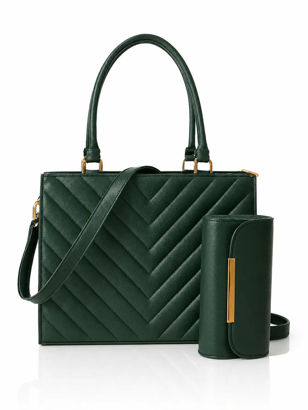 Green quilted handbag with matching wallet on a white background