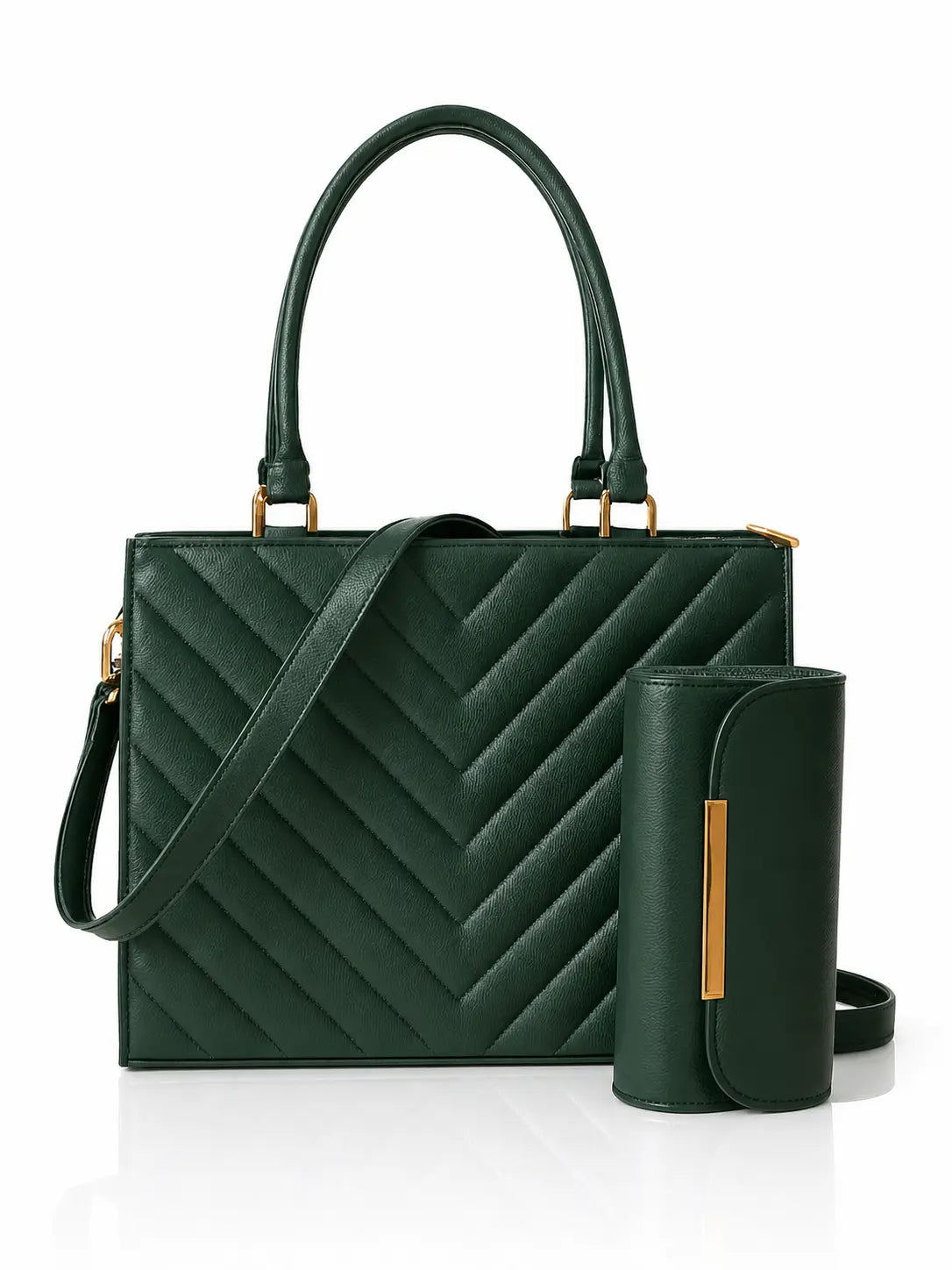 Green quilted handbag with matching wallet on a white background