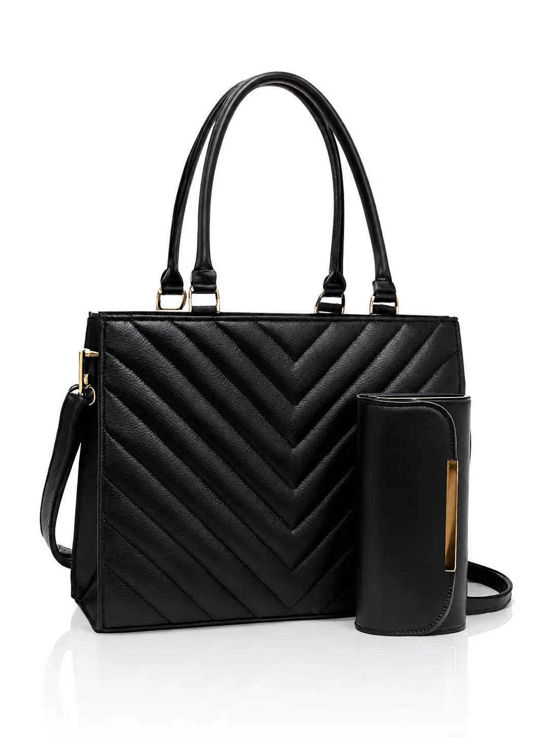 Black quilted handbag with matching wallet on a white background