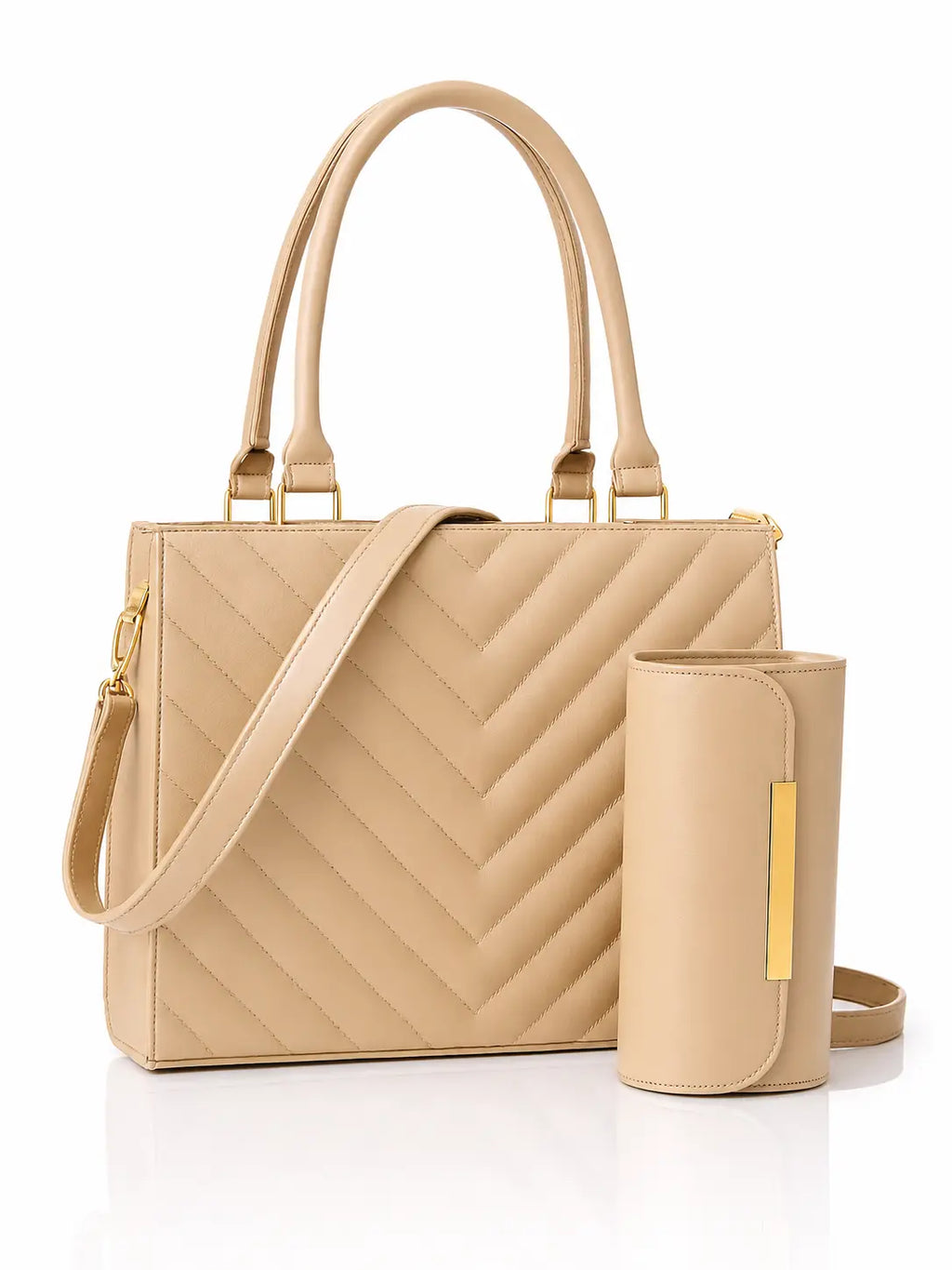 Beige handbag with matching pouch on a white background