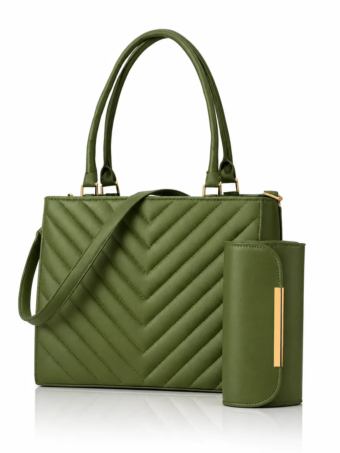 Green quilted handbag with matching wallet on a white background